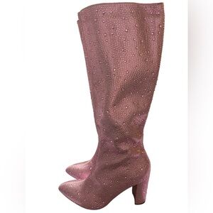 TOP Moda Pink Rhinestone Knee High Boots Womens 6.5 Block Heel Glam Party